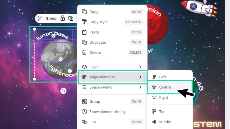 aligning graphic and text boxes using the align elements command in canva
