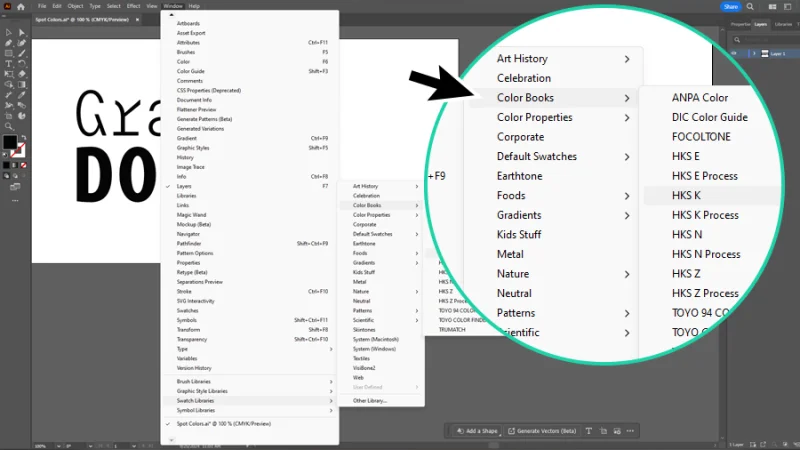 color book feature magnified from window menu in Illustrator