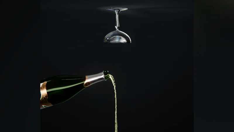 upside down champagne flute with champagne being poured from bottle in opposite direction