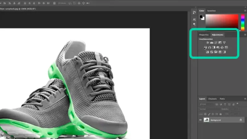 The Adjustments panel displays a number of different tools for image editing. We will use Hue/Saturation.