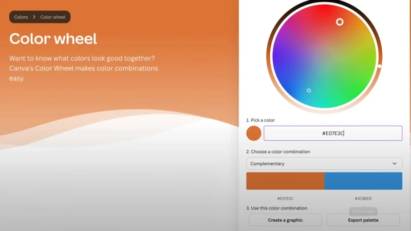color wheel and selected hues displayed in canva colors