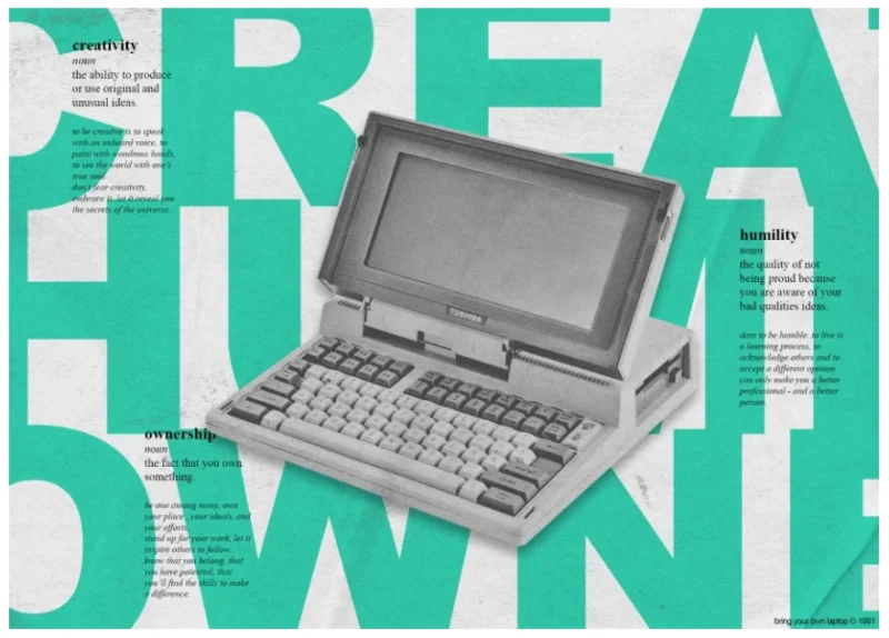 image of a vintage laptop computer over giant typography