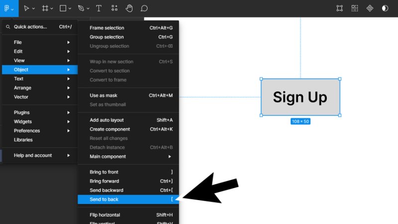highlighted send to back option inside the object menu in figma