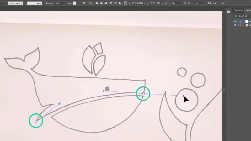drawing a curve over a whale sketch with the pen tool in illustrator