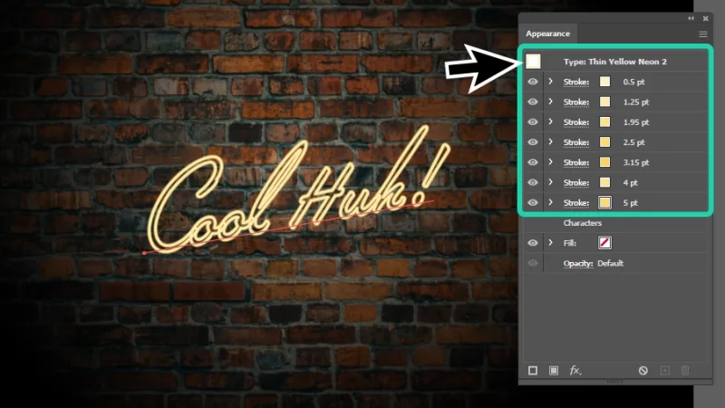 neon sign effect strokes displayed on the appearance panel in adobe illustrator
