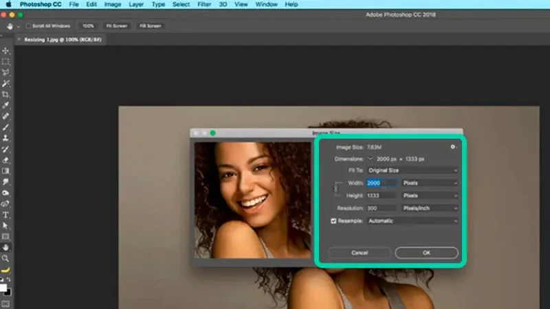 Image size tool dialog box settings in Adobe Photoshop