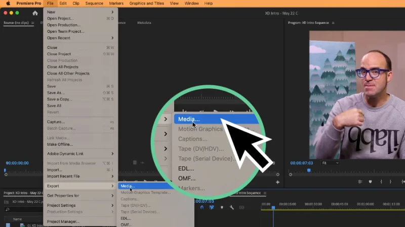 export media option highlighted in Premiere Pro