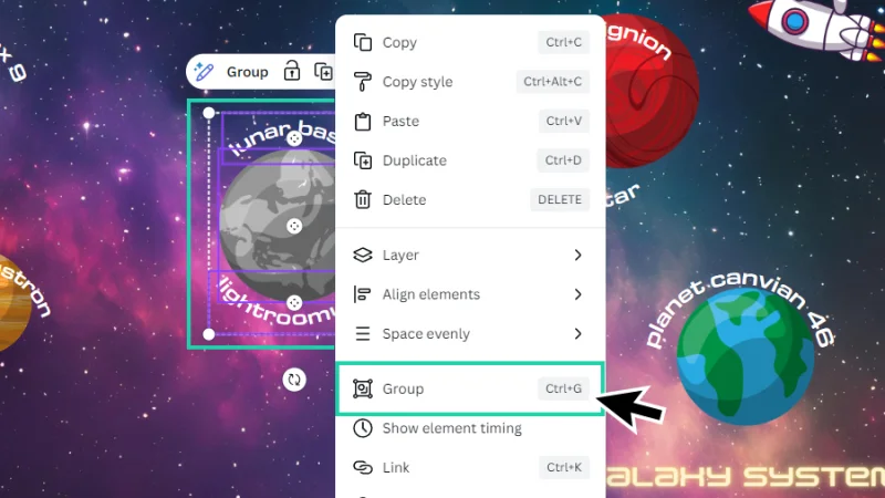grouping graphic and text boxes using the group action in canva