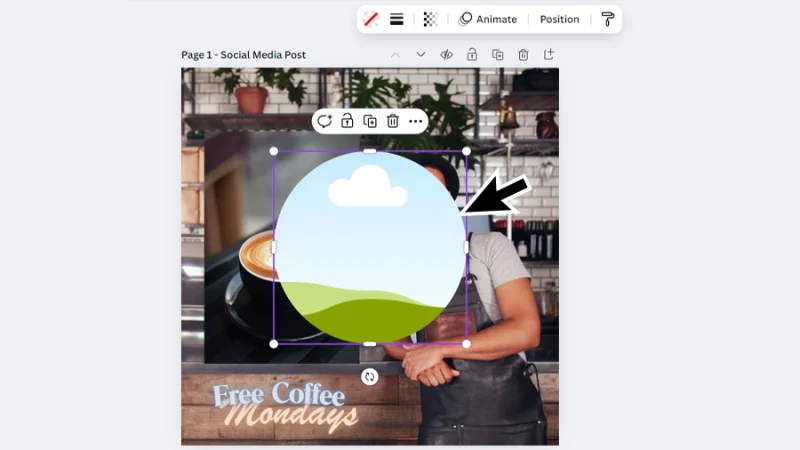 placed circle frame with placeholder graphic inside previewed in canva