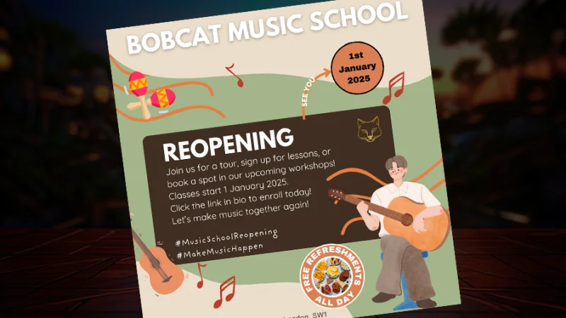 A brochure for Bobcat music school Tj created after taking Canva Essentials