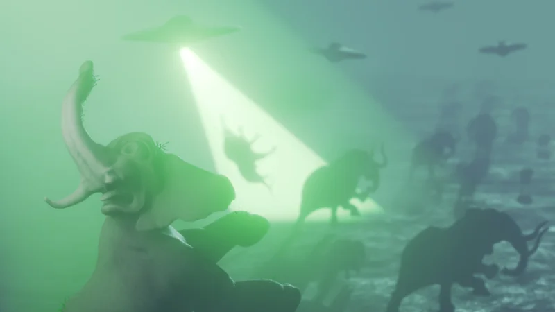 elephants against a green background with a ufo like figure in the background