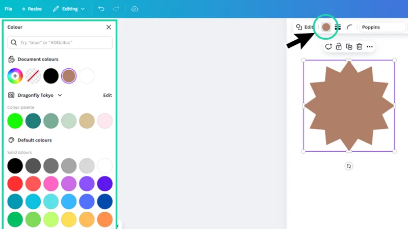 clicking on the taskbar color swatch to open the color panel in canva