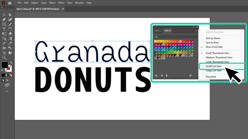 small list view option highlighted in color book window in Illustrator