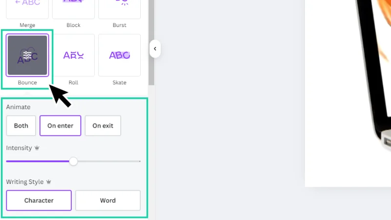 adjusting text animation settings in canva