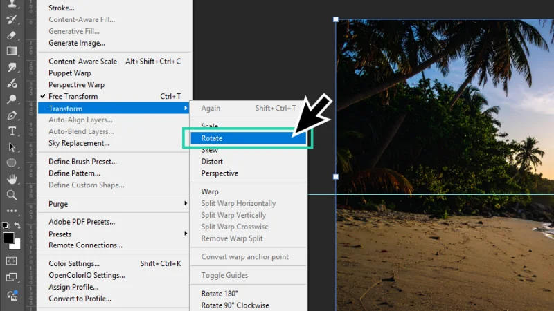 rotate command highlighted in the transform menu in photoshop