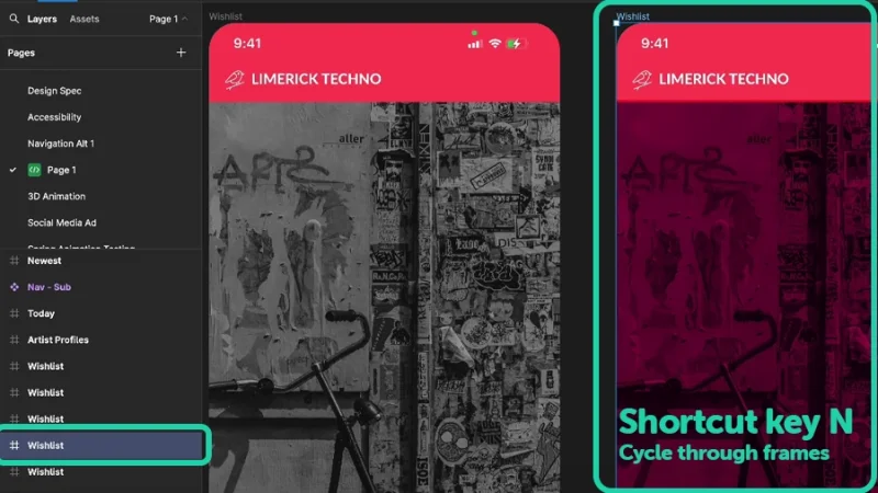 navigating across frames with the use of the n shortcut key in figma