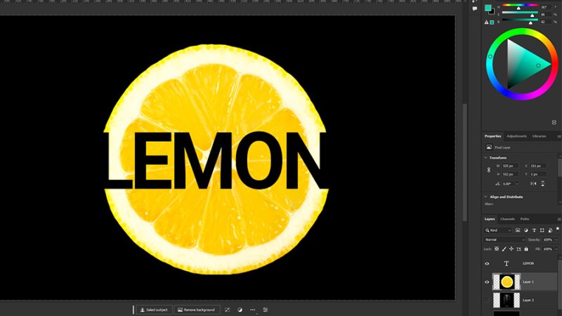 Text placed over the lemon layer. Clipping Mask will blend them together and deliver a fully editable cropping effect.
