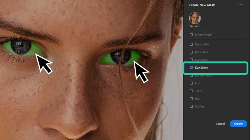 mask preview over female mode eye sclerae in lightroom