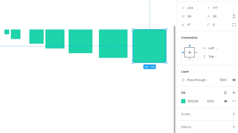 a set of seven squares sized in multiples of eight pixels in figma