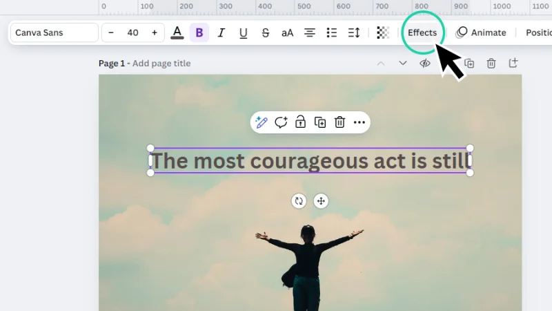 text effects option highlighted on the contextual task bar in canva