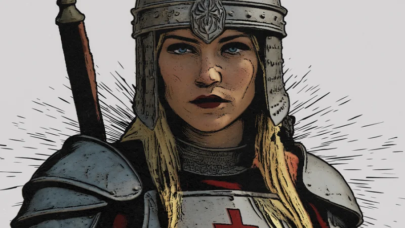 An image of a female cartoon knight looking at the camera
