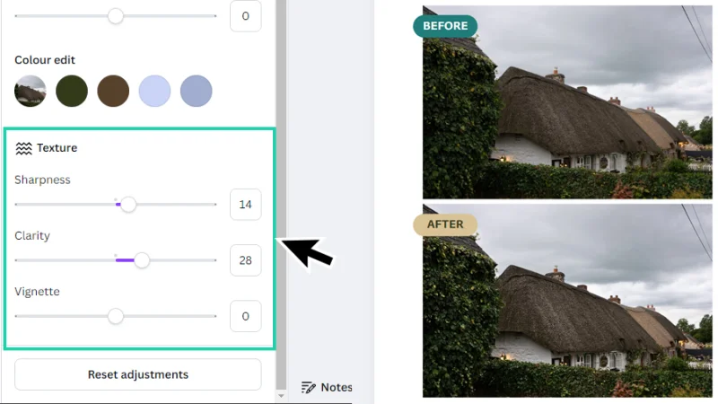 adjusting image sharpness and clarity settings in canva