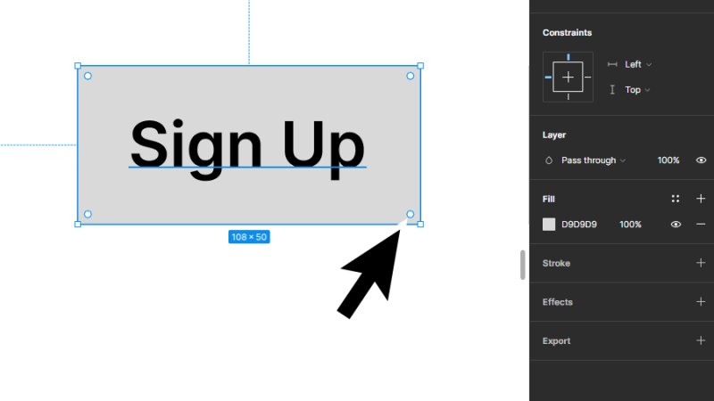 arrow pointing at a radius handle inside a button in figma