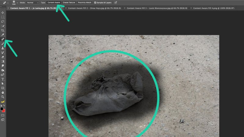 We can use the Spot Healing Brush to paint over the object we need to remove.