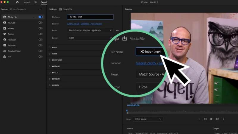 file name field highlighted in export window in Premiere Pro