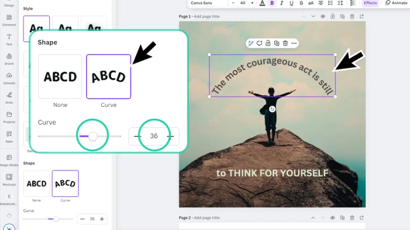 curved text sample using the shape option on the effects panel in canva