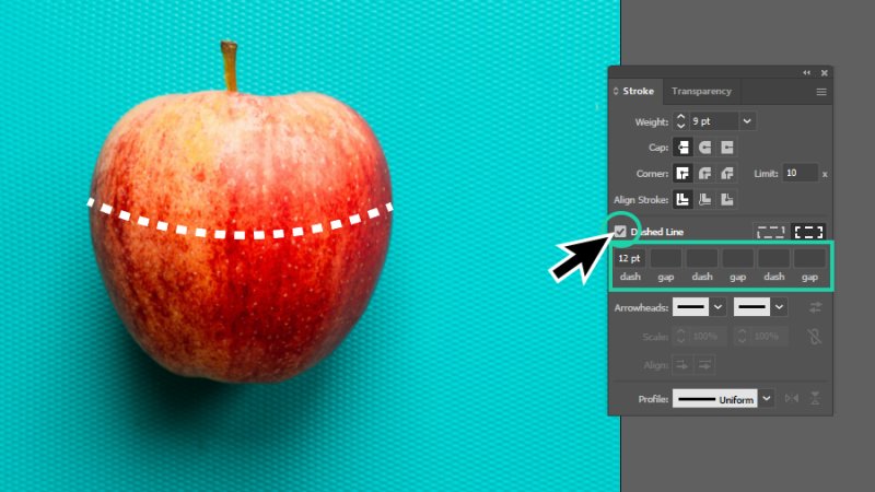 dashed line set with a default dash and gap value of 12 in illustrator