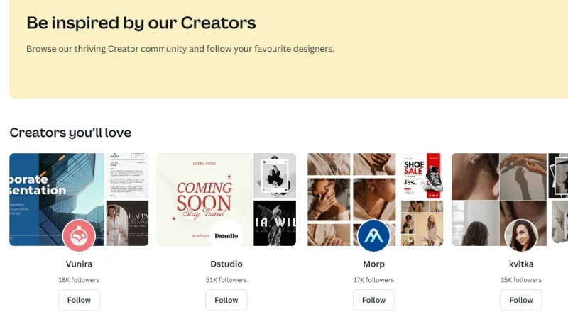 interactive creator profiles and portfolios are displayed in canva