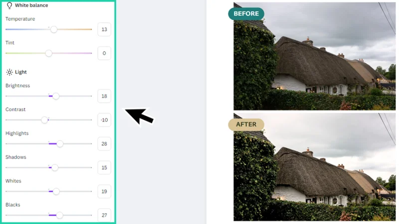 adjusting white balance and light settings in canva