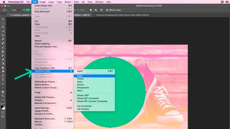 scale feature highlighted from the top menu bar in adobe photoshop