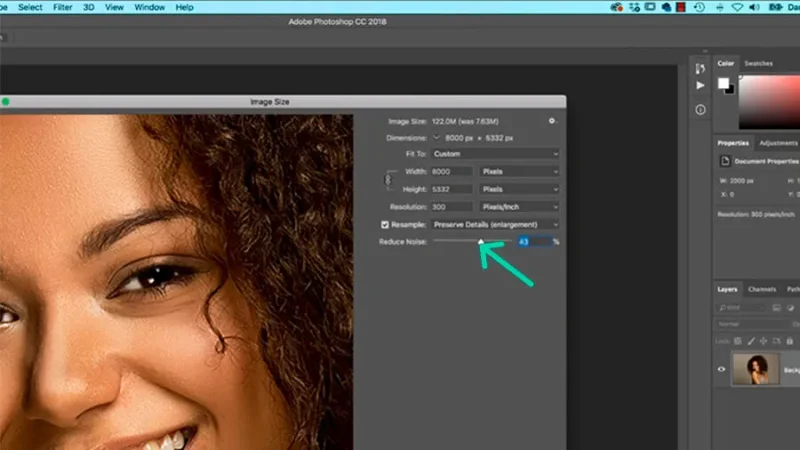 image preview of noise reduction effect in Image Size tool in Adobe Photoshop.