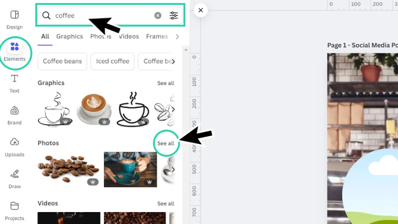 using the keyword coffee in the elements search panel in canva