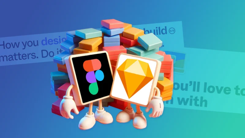 figma and sketch icons standing in front of a pile of colorful boxes
