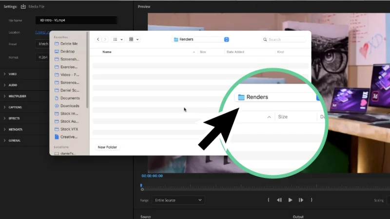 destination folder for exported videos in Premiere Pro