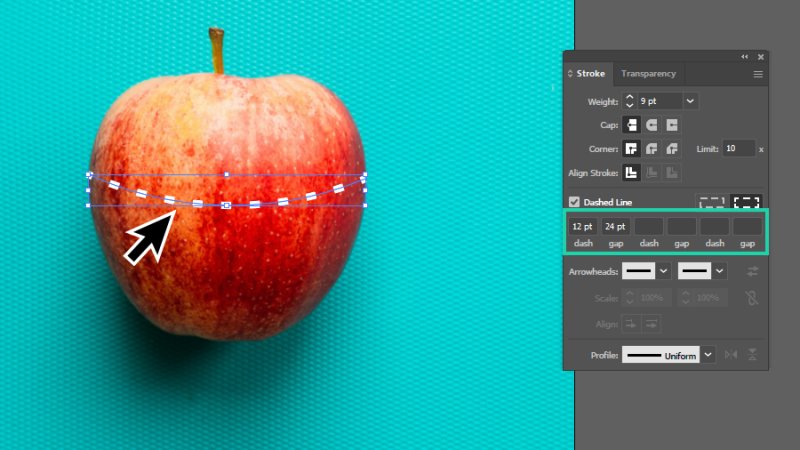 dashed line set to values of 12 points for gap and 24 points for gap in illustrator