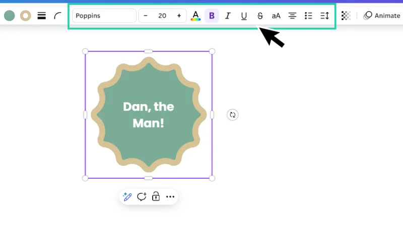 text reading dan, the man inside label shape in canva