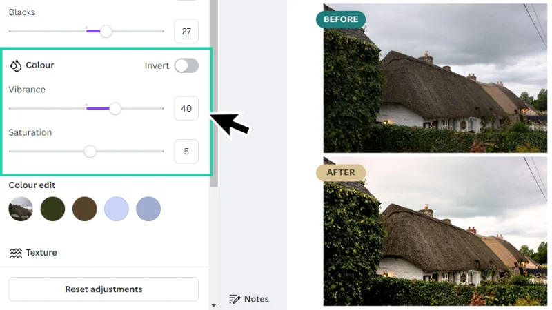 adjusting vibrance and saturation levels in canva