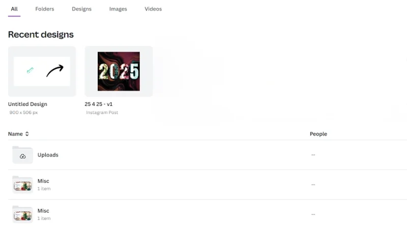 recent designs links and project folders displayed in canva