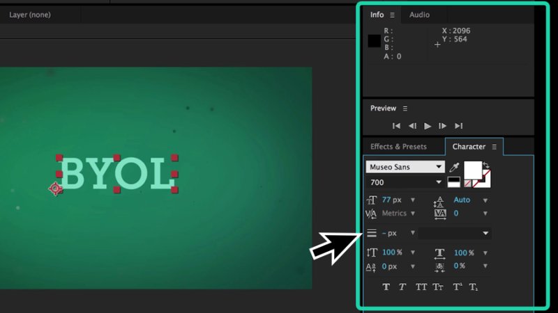 editing byol text attributes in the character panel in after effects