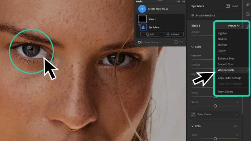 applying whiten teeth adjustment preset to masked photo in lightroom