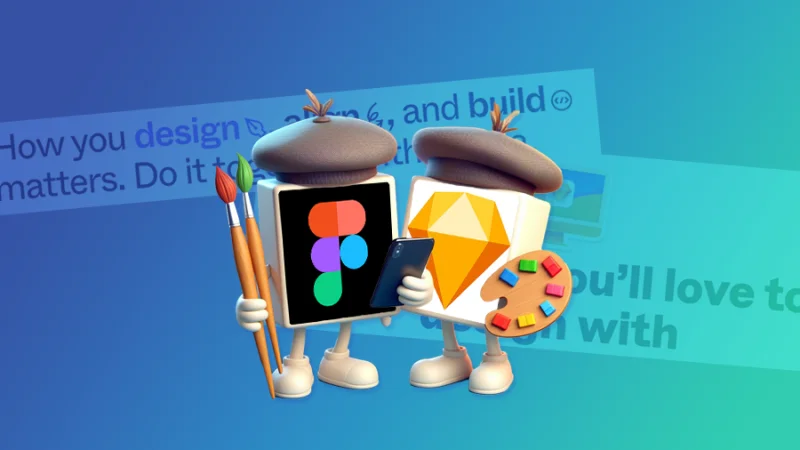 figma and sketch icons wearing artist berets, looking at color styles on a mobile phone