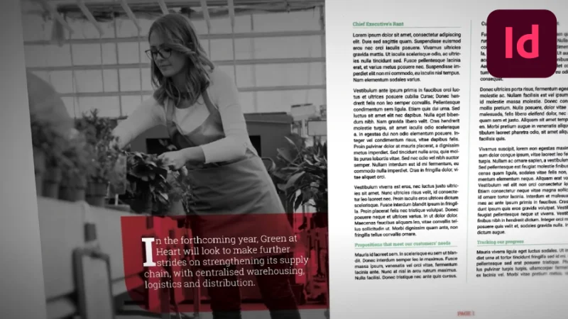 page spread with hero image and text columns designed in adobe indesign