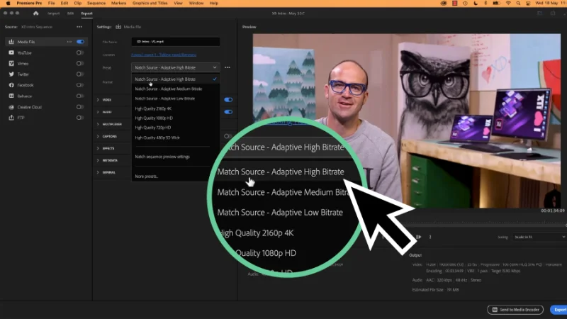 preset field highlighted in the export window in Premiere Pro