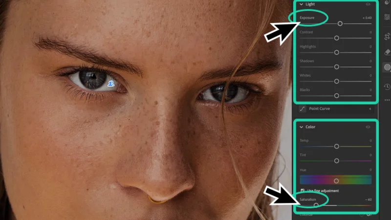 adjusting exposure and saturation levels to retouch female model photo in lightroom