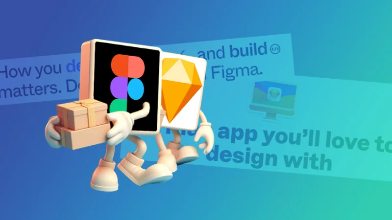 figma and sketch icons walking together, holding packages for delivery