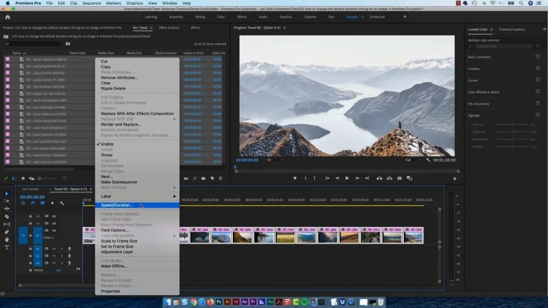 Premiere Pro timeline showing multiple selected image clips with the right-click context menu open to 
